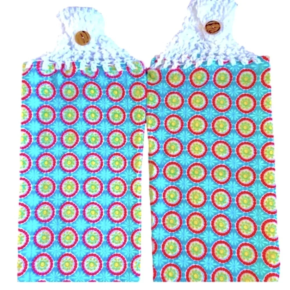 HAND CRAFTED Colorful Crochet Top Floral Hanging Kitchen or Bathroom Hand Towels